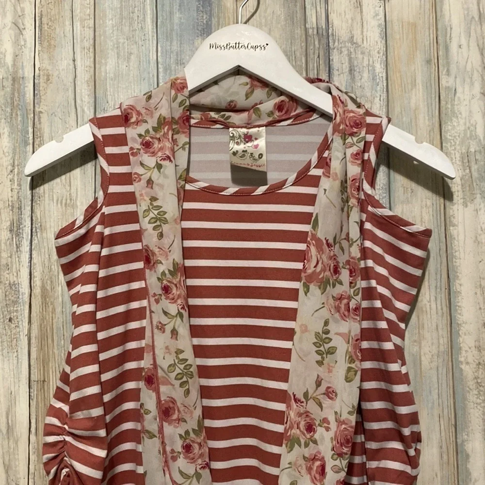 Jenna & Jessie | Girls Off the shoulder scarf attached floral striped dress